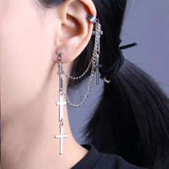 Unisex Punk Cross Tassel Chain Clip Earring