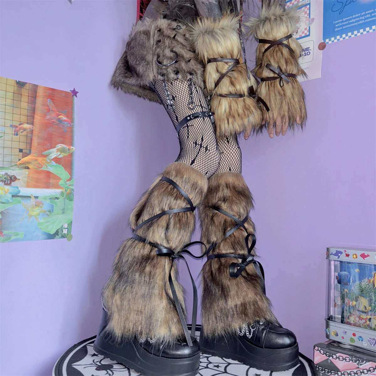 Gothic Strappy Faux Fur Winter Sock