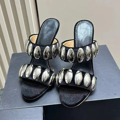 Metal Decor Gothic Suede Slippers High Heel