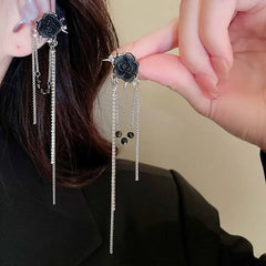 Black Flower Tassel Zircon Ear Cuff Earring