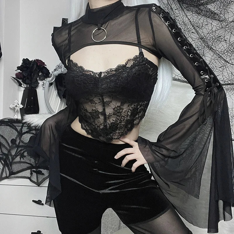 Black Mesh Lace Up Flared Blouse