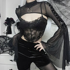 Black Mesh Lace Up Flared Blouse