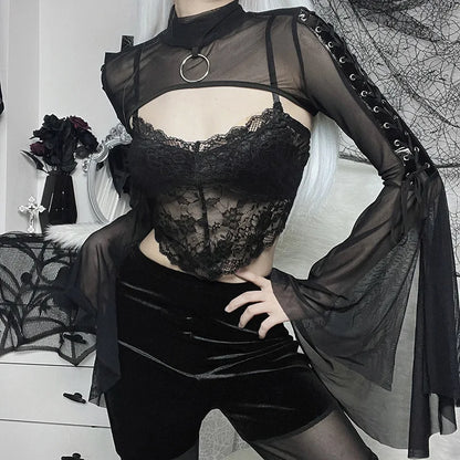 Black Mesh Lace Up Flared Blouse