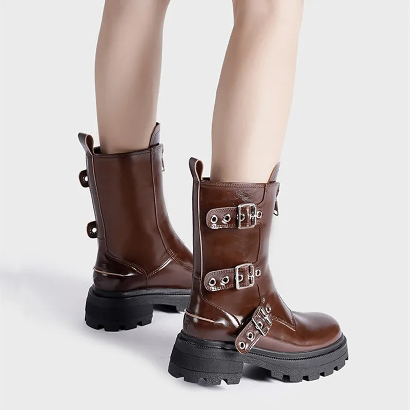 Rivet Belt Buckle Chunky Heeled Gothic Motorcycle Boot