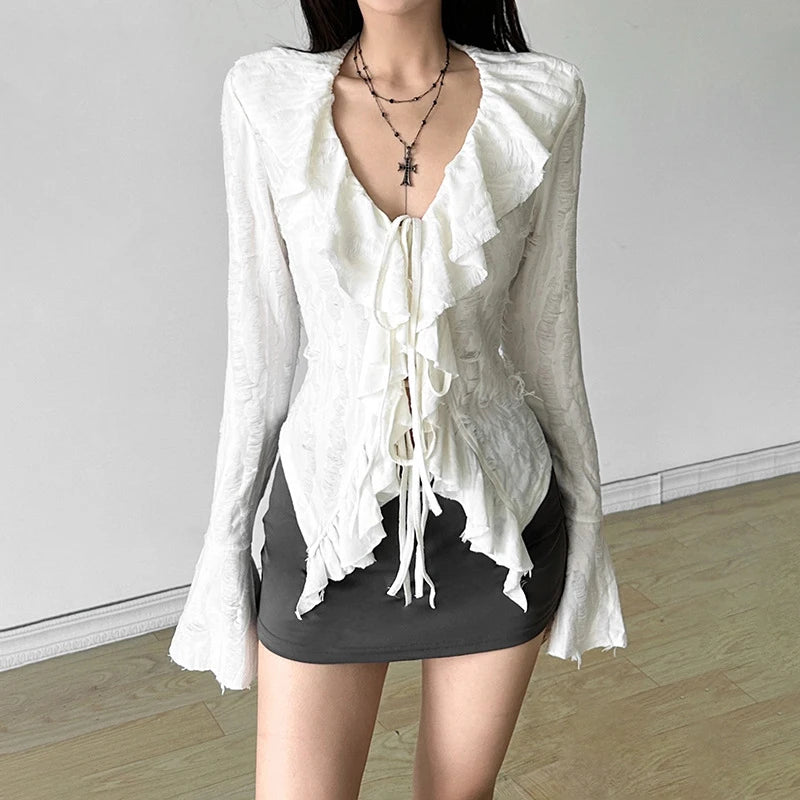 Fairycore Ruffled V-neck Blouse