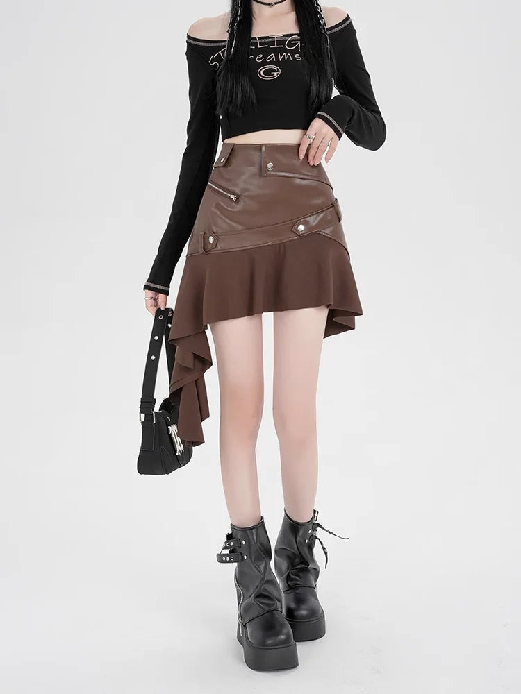 Irregular PU Leather Ruffle Skirt