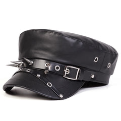 Unisex Punk Retro Military Rivet Buckle Leather Flat Top Beret Hat