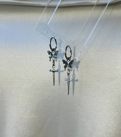 Punk Star Cross Silver Hollow Heart Earring