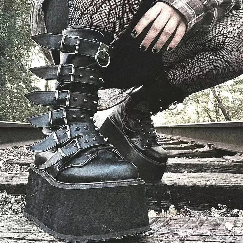 Chunky Heeled Knee High Motorcycle Gothic Boot Main image