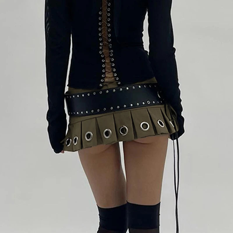 Low Rise Pleated Leather Skirt