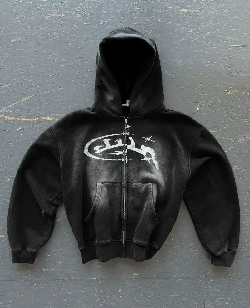 Gothic Oversized Pattern Zip Hoodie