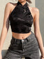 Jacquard Black Halter Lace-Up Bow Crop Top