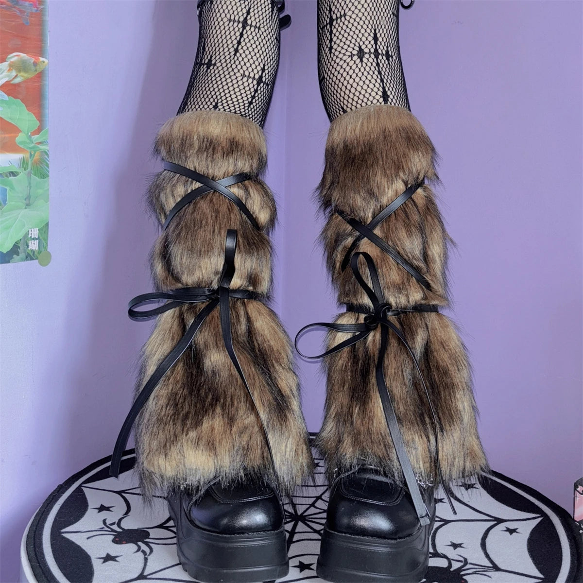 Gothic Strappy Faux Fur Winter Sock Main image