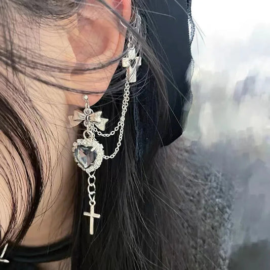 Dark Punk Metal Chain Cross Love Earring