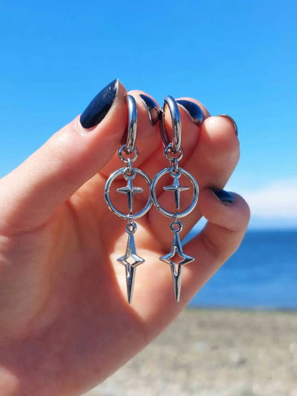 Punk Star Cross Silver Hollow Heart Earring