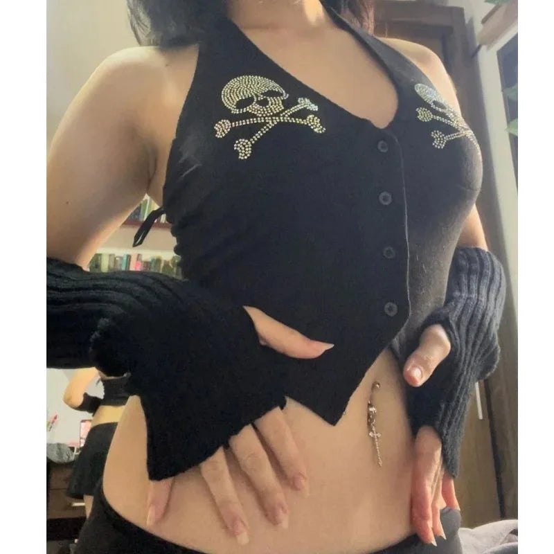 Skull Rhinestone Gothic Bandage Crop Top