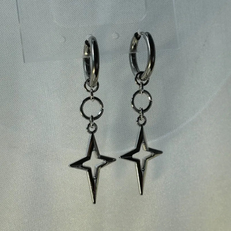 Punk Star Cross Silver Hollow Heart Earring