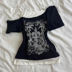 Gothic Print Fake Two-piece Black Crop Top