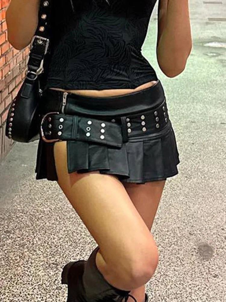 PU Leather Belted Black Skirt Main image