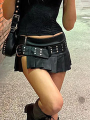PU Leather Belted Black Skirt