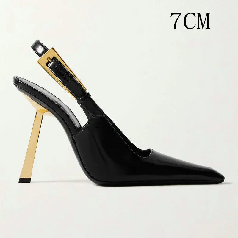 Black Patent Leather Gothic Pointed Sandals High Heel