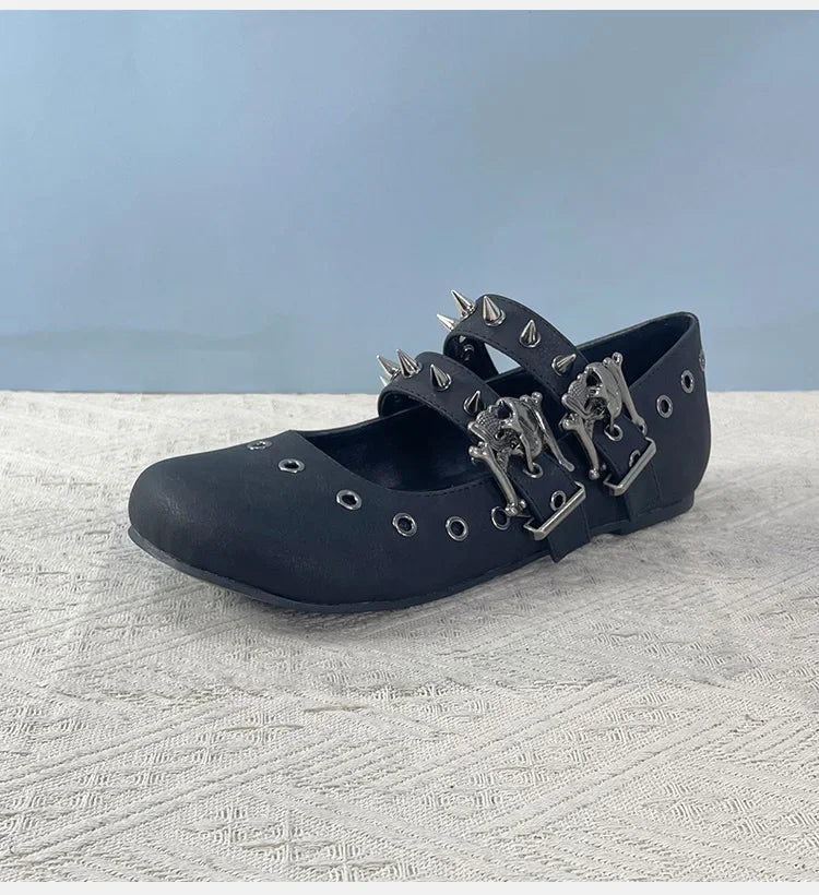 Gothpunk Style Rivets Skull Leather Flat Ballet Flat