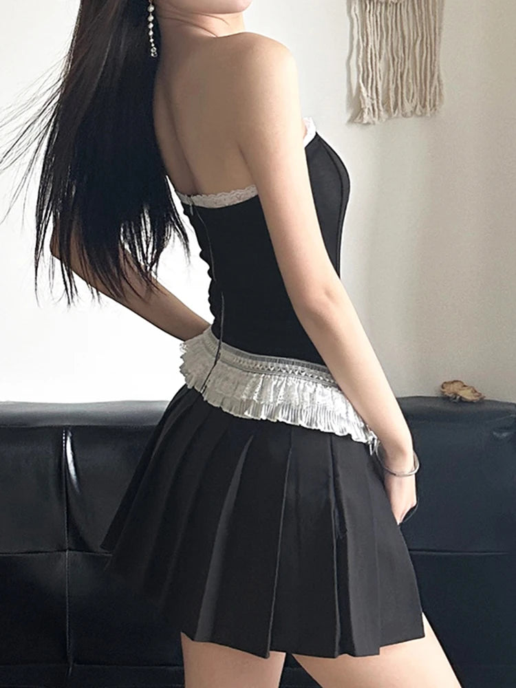 Bow Lace Trim Vintage Slash Neck Crop Top