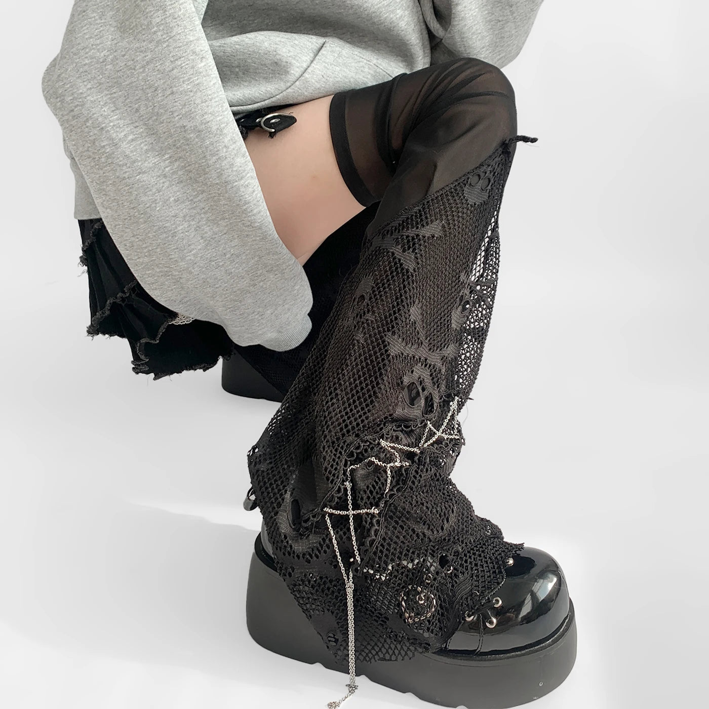 Gothic Skull Black Chain Lace Sock