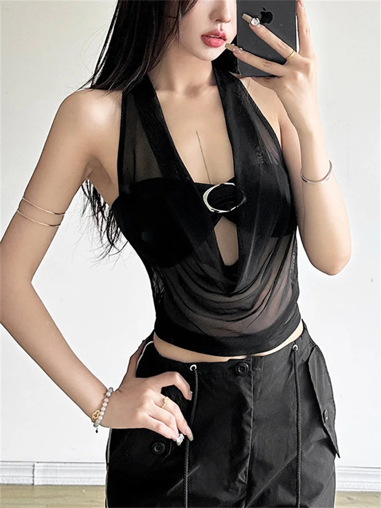Mesh Sheer See Through Halter Crop Top
