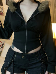 Gothic Cyber Punk Fur Hem Hoodie