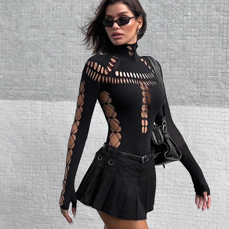 Hollow Out High Collar Bodycon Crop Top
