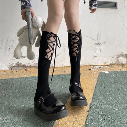 Gothic Black Calf Straps Hollow Sock