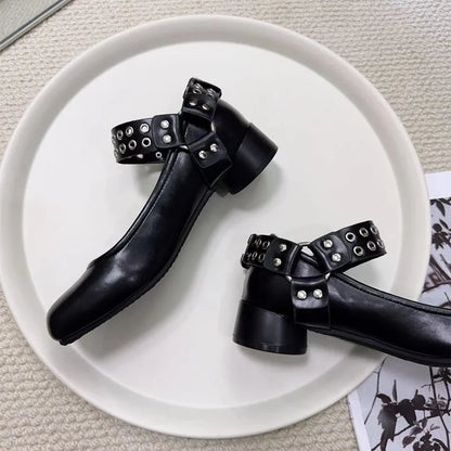 Vintage Rivet Belt Buckle Metal Loafers Flat