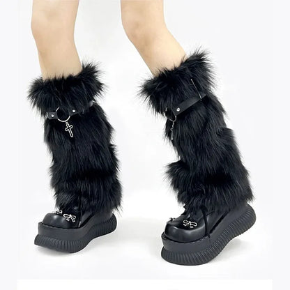 Gothic Cross Strap Fur Rabbit Sock