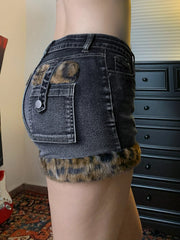 Patchwork Fur Trim Denim Short
