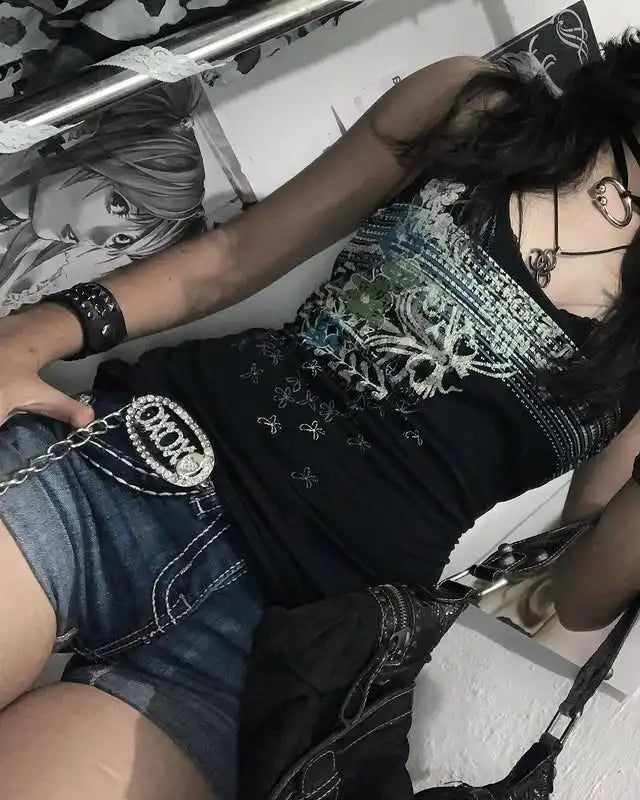 Punk Retro Halter Slim Black Crop Top Main image
