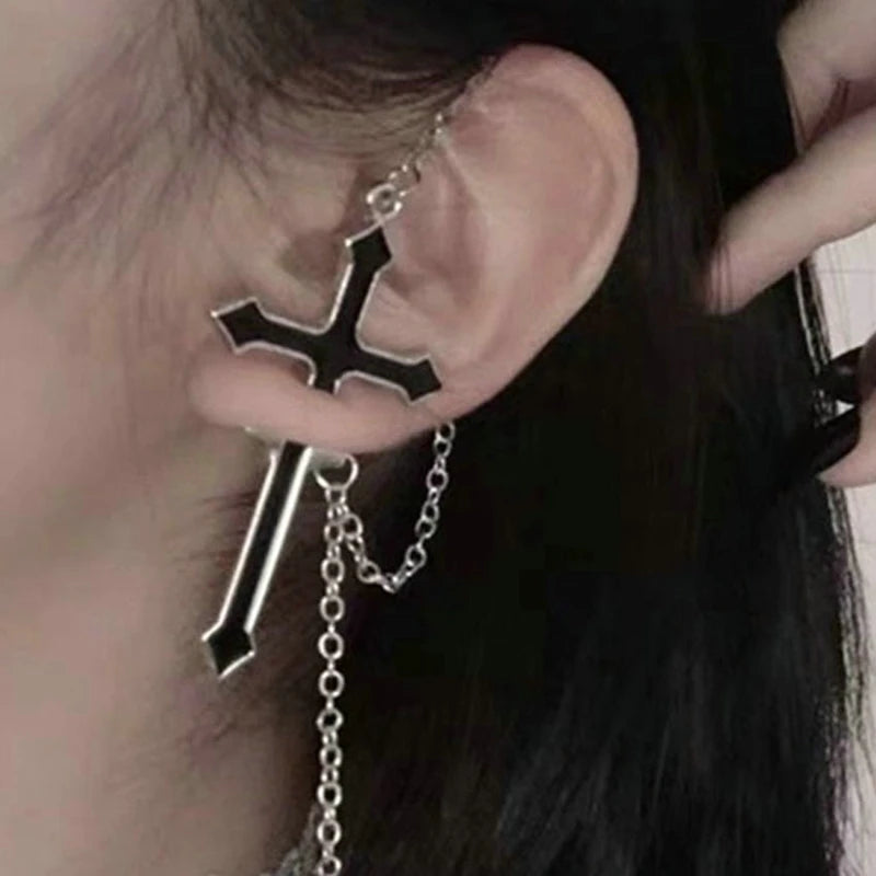 Y2K Goth Heart Cross Red Zircon Tassel Earring Main image