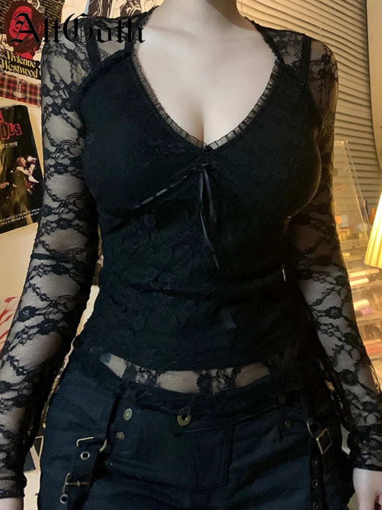 Lace Trim Long Sleeve Mesh Top Main image