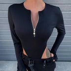 Zipper Solid Long Sleeve Bodysuit Crop Top