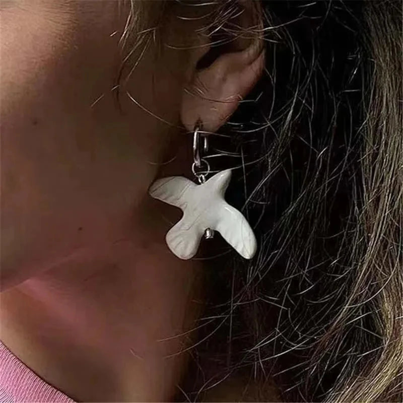 Peace Dove Ceramic Metal Circle Hoop Earring