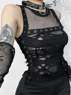 Cyber Y2K Hole Mesh Patchwork Sexy Crop Top