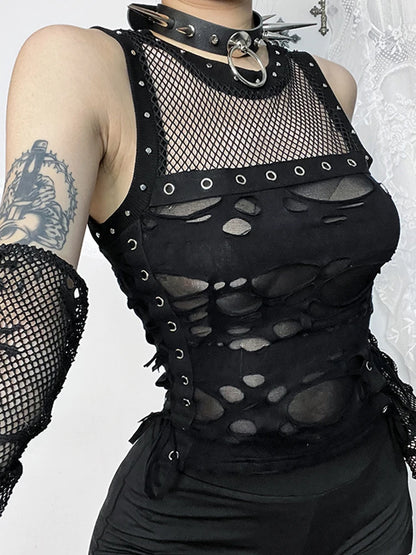 Cyber Y2K Hole Mesh Patchwork Sexy Crop Top