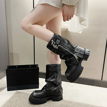 Platform Fold Knee High Gothic Belt Buckle Boot