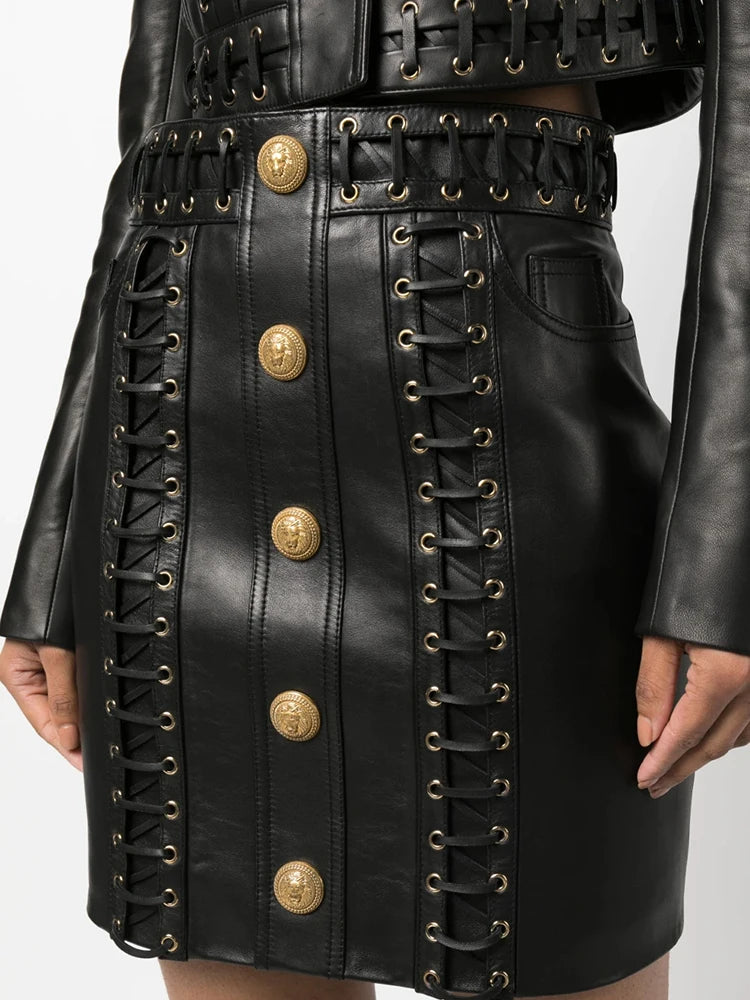 Lion Buttons Rope Lace-Up Skirt
