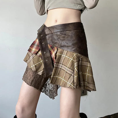 Asymmetrical Lace Stripes Plaid Skirt