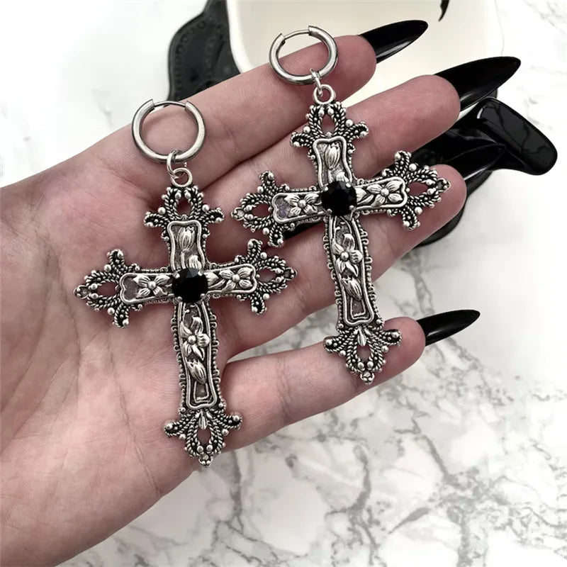 Gothic Large Silver Cross Wedding Drop Earring
