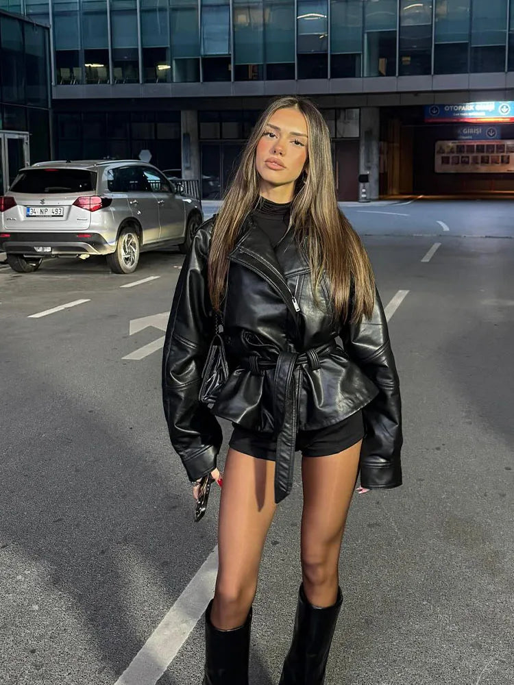Solid Black Belted Leather Jacket