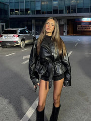 Solid Black Belted Leather Jacket