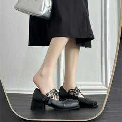 Square Toe Rivet Mary Janes Leather Flat