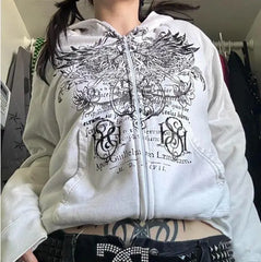 Gothic Wings Print Zip Hoodie